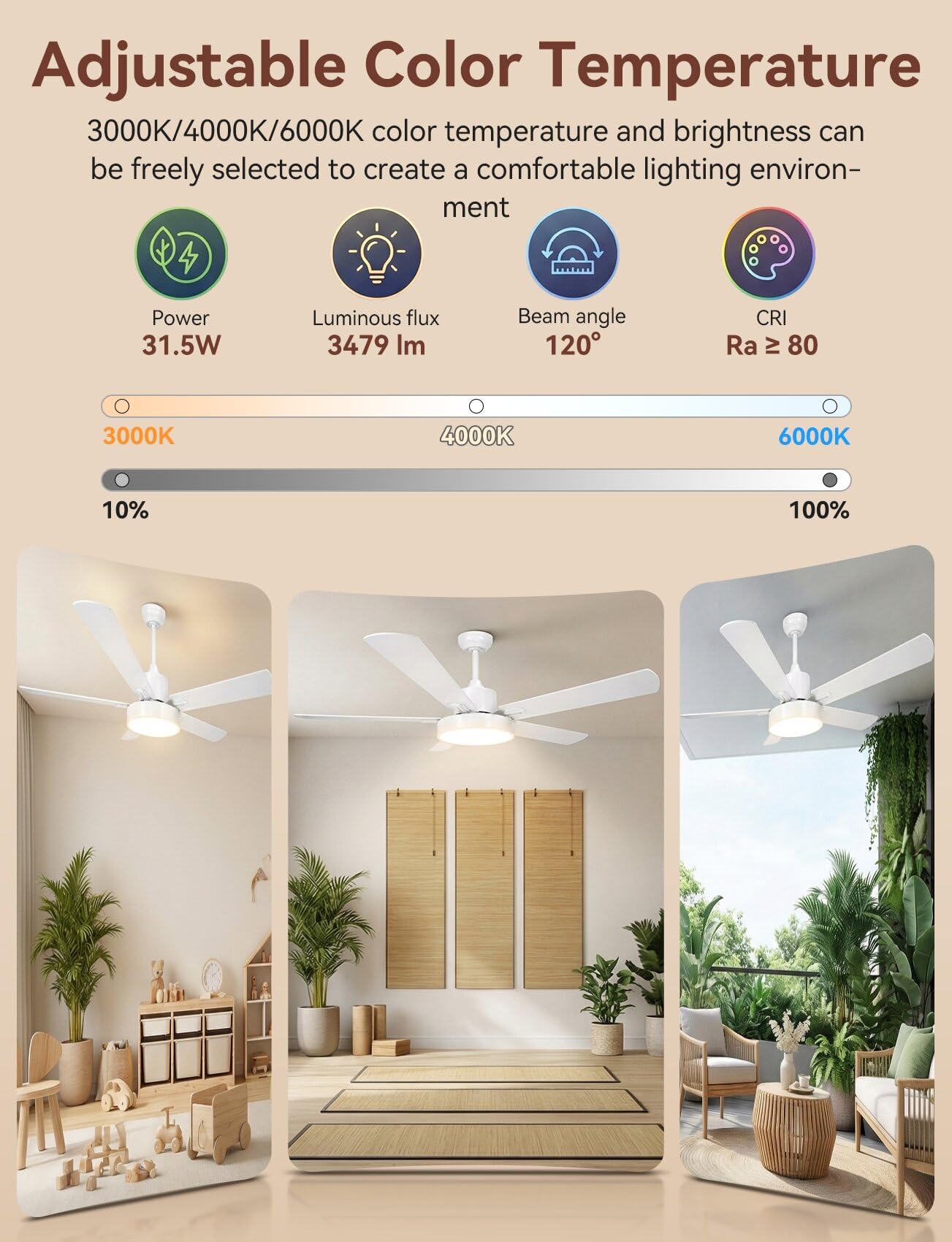 Aigostar Ventilador de Techo con Luz Silencioso 52″, Motor DC Reversible 29W, 31.5W LED, Mando a Distancia, 6 Velocidades, 3000K/4000K/6500K Regulable, Ideal para Dormitorio, Sala o Cocina
