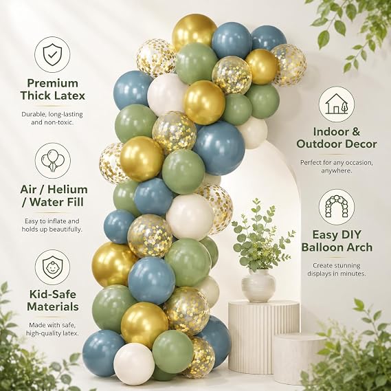 Green Blue Balloons Sage Beige Gold Balloon Jungle Woodland Party Decorations Safari Wild One Dino Birthday Dusty Blue Green White Balloon 60pcs 12inch Helium Latex Balloons Gold Confetti