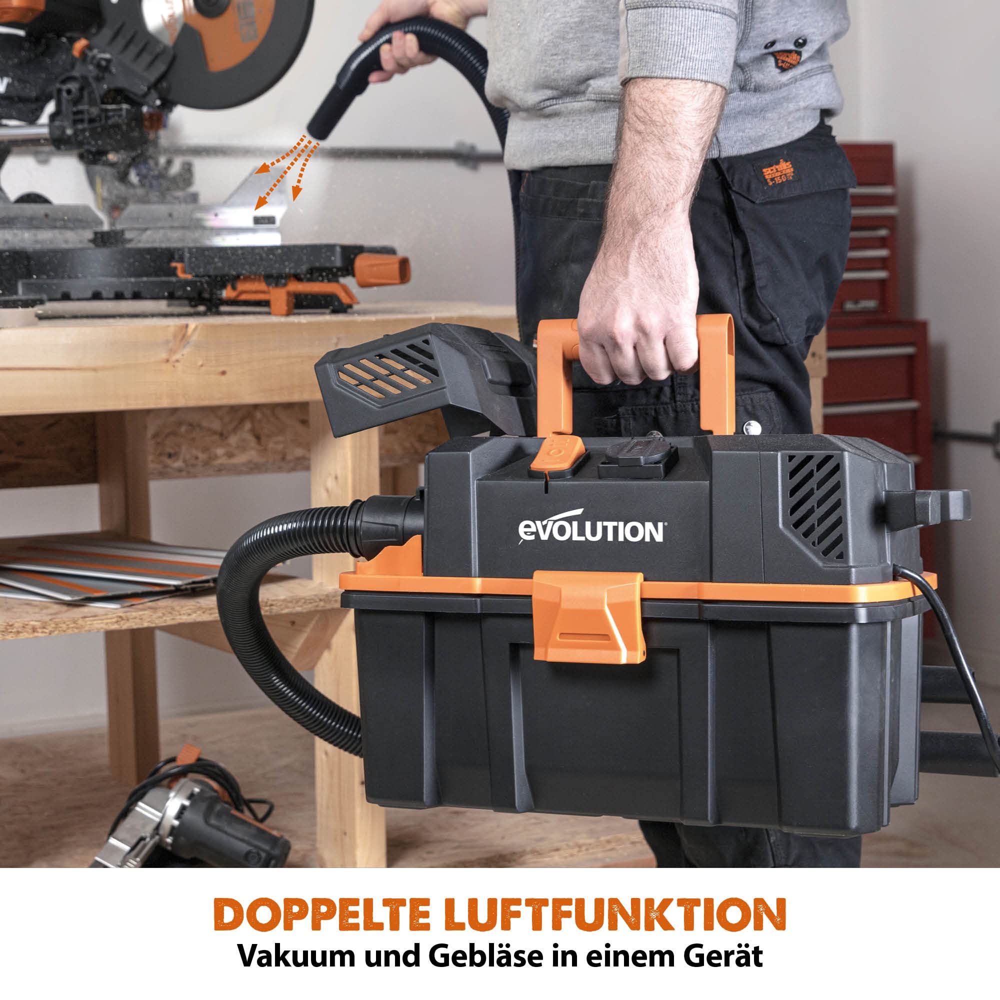 Evolution Power Tools R15VAC Nass-Trockensauger Staubsauger mit Dual-Luftfunktion, Saug- und Blasfunktion, Staubabsaugung, 15L, 1.000W, 42,5 L/S, Stromausgangsbuchse (1.700W), Inkl. Zubehör