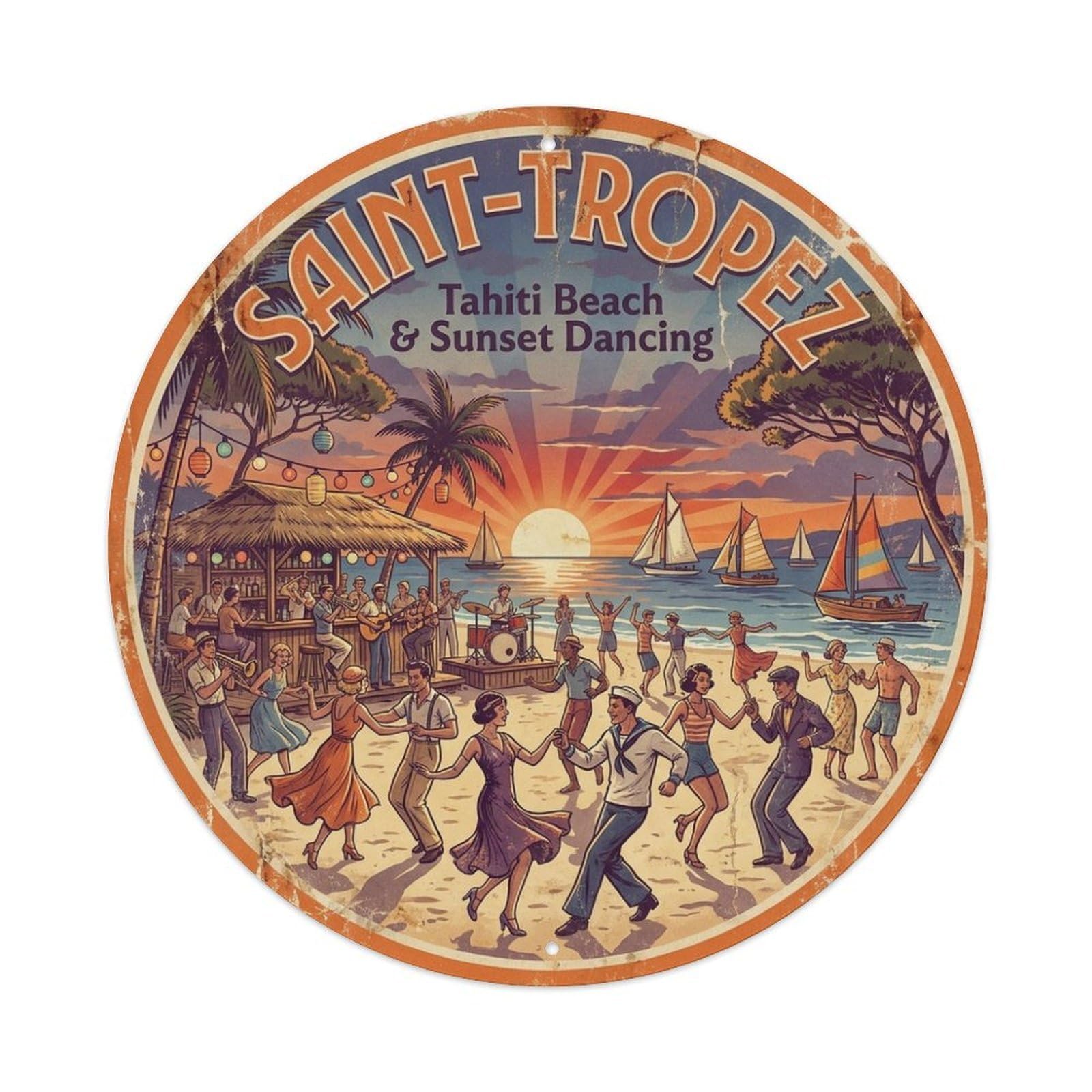 Coastal Travel Beach Sunset Dancing Saint Tropez France Metal Tin Sign