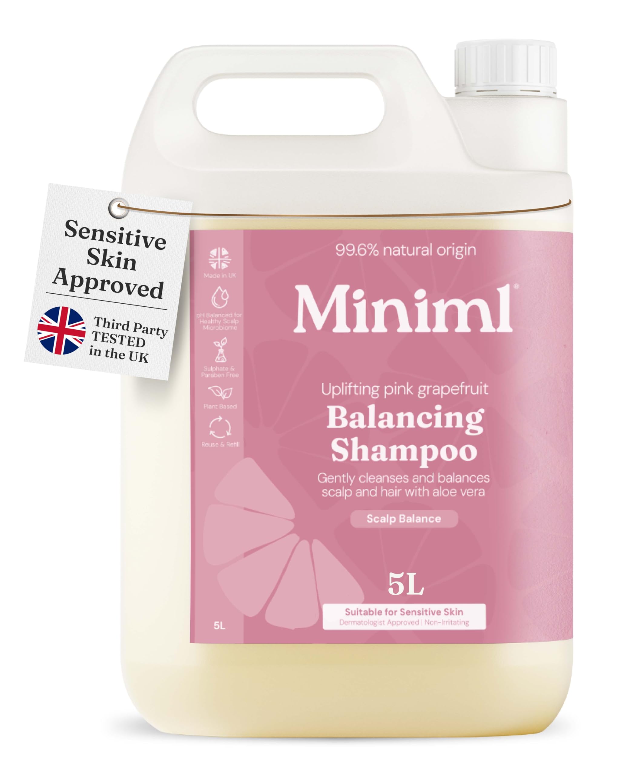 Miniml Natural Hair Shampoo Eco Friendly – 5L Refill Pink Grapefruit & Aloe Vera Men and Womens Sensitive Scalp & Skin Cruelty Free Vegan Shampoo - For Greasy, Curly, Dry and Dandruff Hair