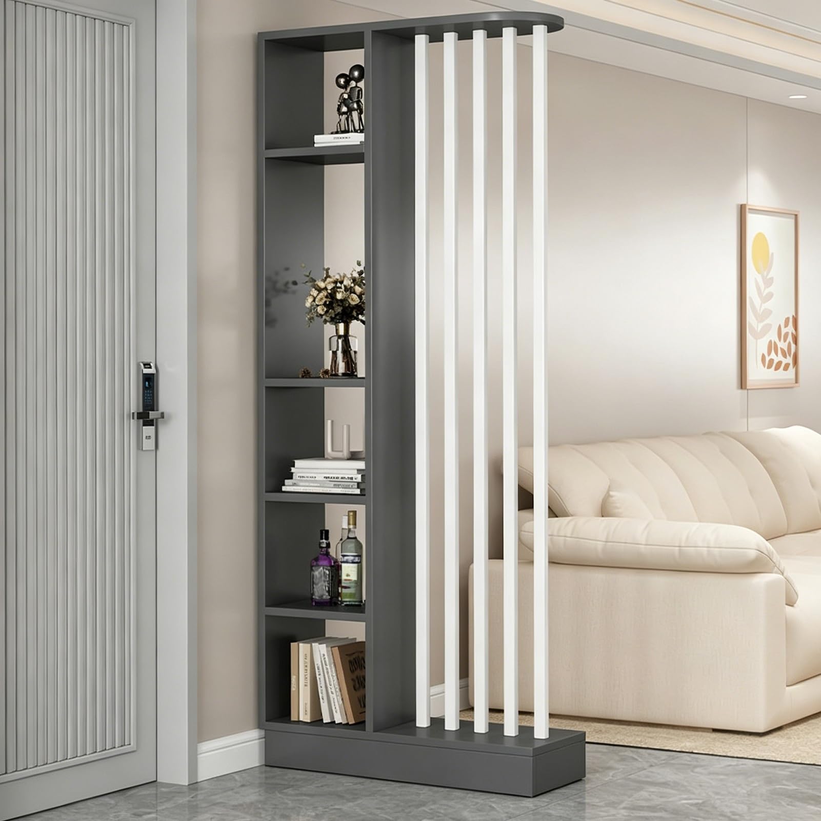 Divisor de Ambientes de Pared con Estantes Divisor de Ambientes Independiente con Estante de Almacenamiento Entrada Hall Partición Columna de Pantalla(Gray-B,80cm/31.4in)