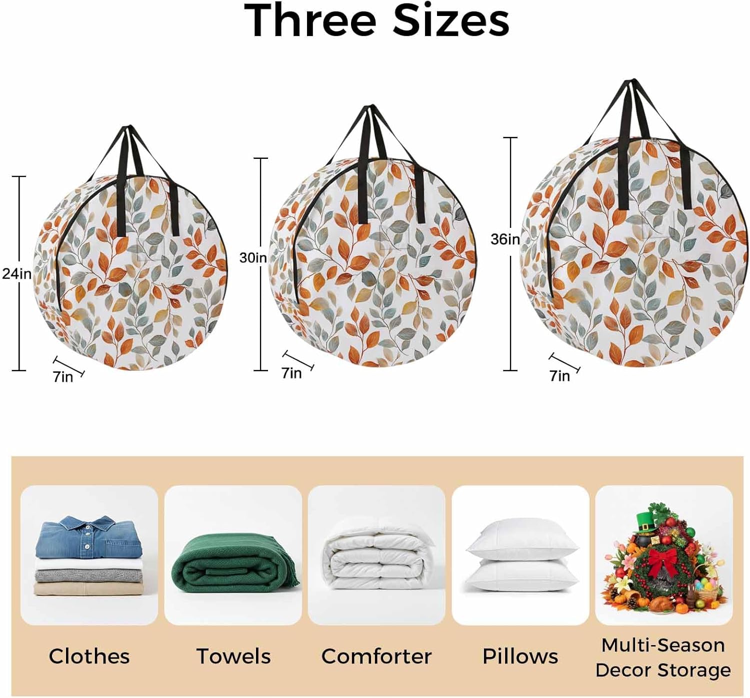 Spring Fall Leaf Round Storage Bag 36 Inch, Orange Watercolor Leaves Spring Plant Clothes Storage Container with Handles Heavy Duty Organizer for Comforter, Bedding & Holiday Wreaths