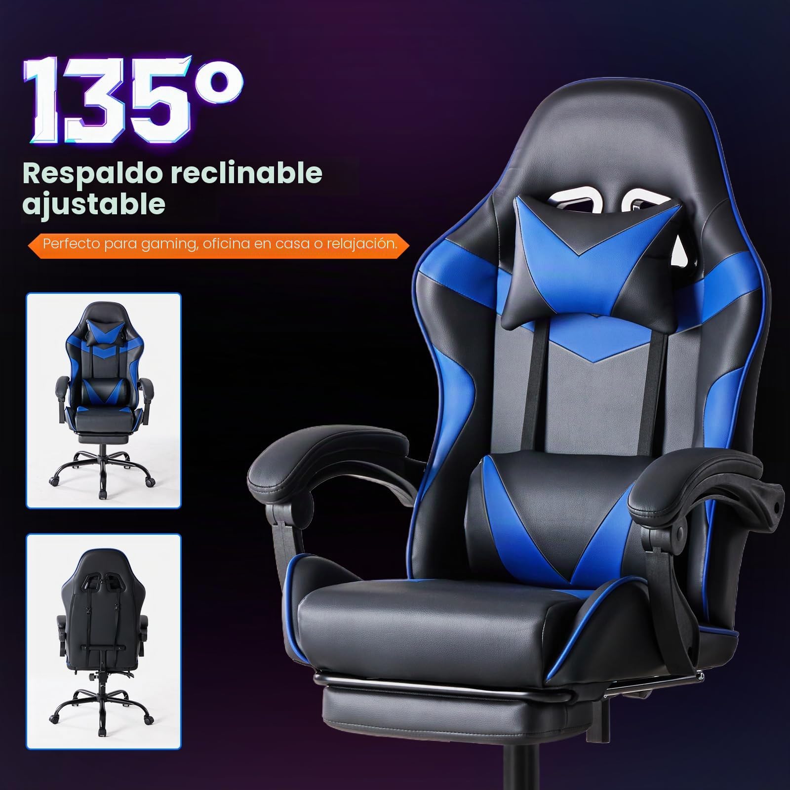 Sweetcrispy Silla de Gaming, Silla de Juegos con reposapiés, Soporte Lumbar, Silla ergonómica de PC, Silla de Oficina Ajustable en Altura, Silla de Ordenador, Silla de Escritorio giratoria, Azul