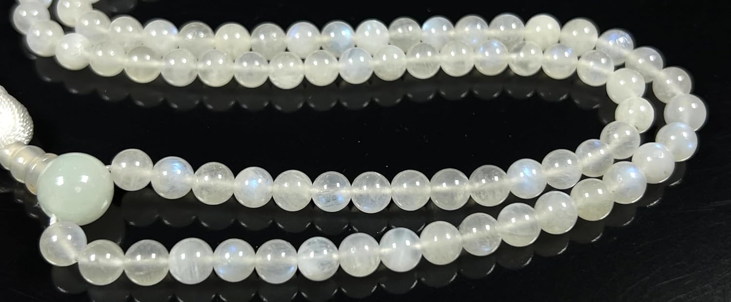Handmade Moonlit Serenity Mala – 6mm Flashy Rainbow Moonstone Beads | 108 Beads | Third Eye & Crown Chakras | June Birthstone Energy | Ethically Sourced