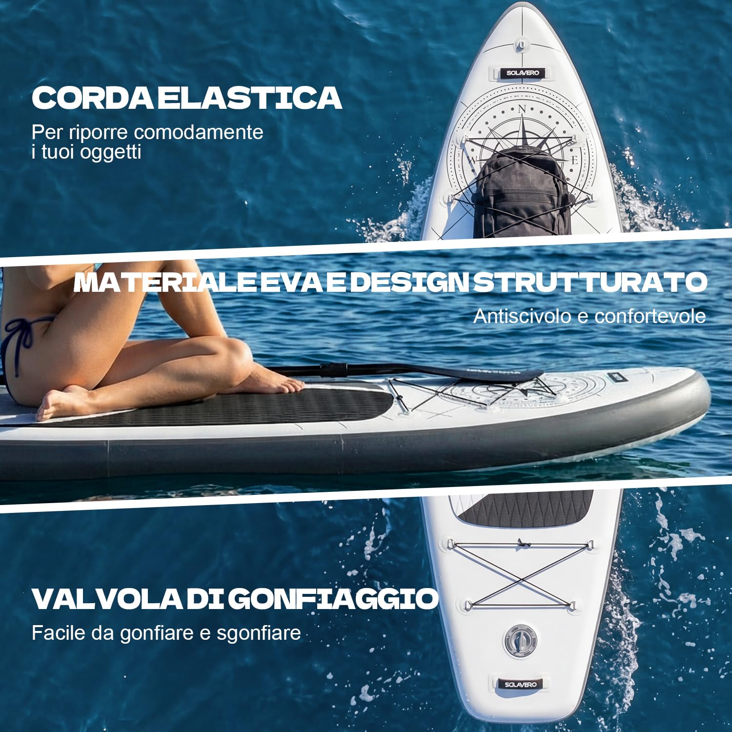 SOLAVERO Tavola SUP Gonfiabile Adulti 210kg Offerta, 350 x 89 x 15 cm Stand Up Paddle Board 2 Persone con Pompa, Pagaia Regolabile, Leash, Custodia Impermeabile e Zaino
