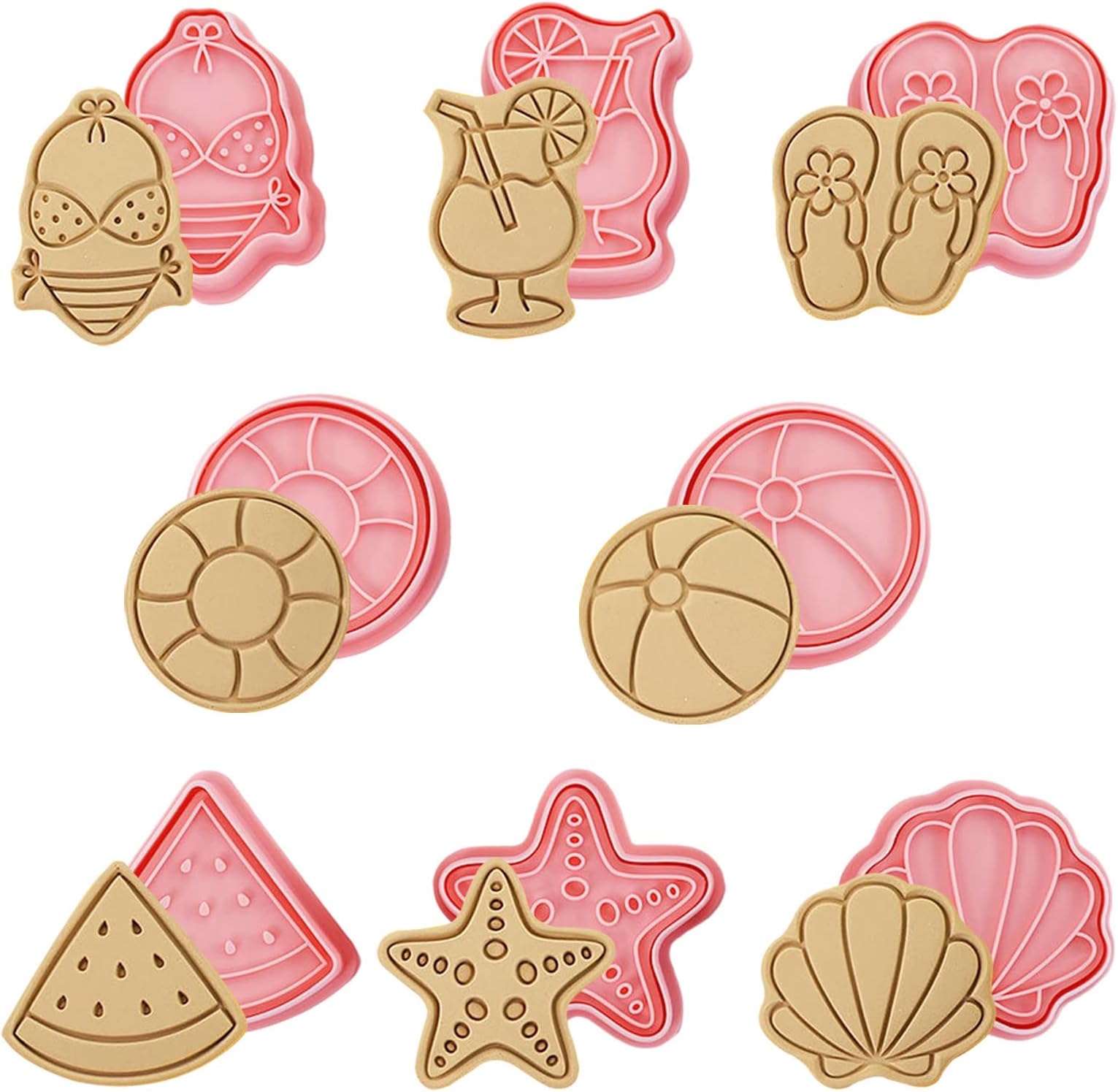 Summer Beach Cookie Cutter Set of 8, 3D Plastic Cookie Cutters Stamps Summer Swimsuit, Juice, Slipper, Watermelon, Seastar, Seashell Cookie Press Biscuit Cutter Mould Set for Summer Fun Party Supplies