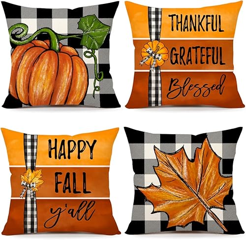 4TH Emotion Juego de 4 fundas de almohada decorativas de otoño de 18 x 18 pulgadas, diseño de calabaza a cuadros de Acción de Gracias, decoración de