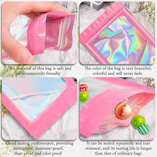 Miniatura 6 de Paquete de 100 bolsas holográficas, bolsas resellables con ventana transparente, bolsa de papel de aluminio resellable para almacenamiento de
