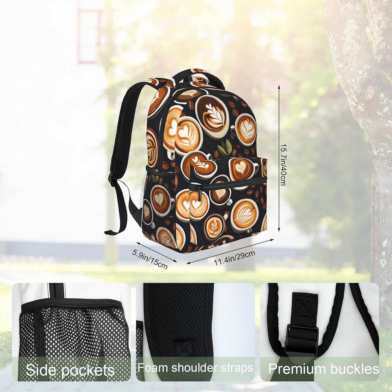 Funny Coffee Backpack, Latte Art and Bean Design Polyester Backpacks with Straps, 11.4inx5.9inx15.7in, Multi-Pocket Storage Bookbag, Ideal For School Work Travel Hiking Camping, Women Men Gifts