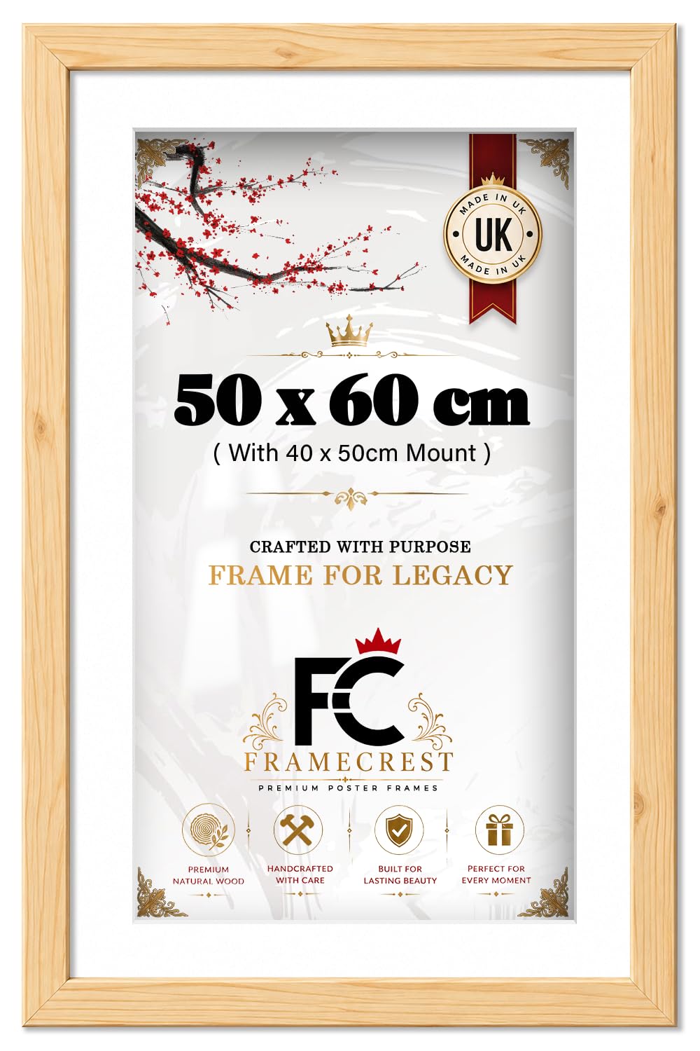 FRAMECREST LTD — 50 X 60 CM Frame With 40 X 50 CM Mount, Modern Photo Frame With White Mat For Portrait And Landscape Prints, Wall Display, Includes White Mount For Prints - [Pine]