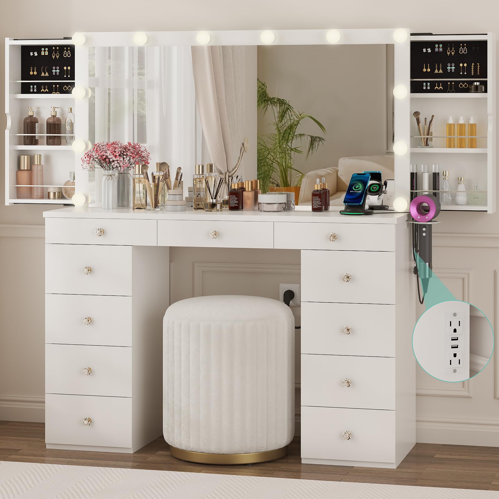 Likein Vanity Desk with Mirror and Lights, White Vanity with Jewelry Storage Cabinet, Makeup Dressing Table with 11 Drawers, Charging Station, Crystal Knobs, 3 Color Lighting Modes for Women, Girls