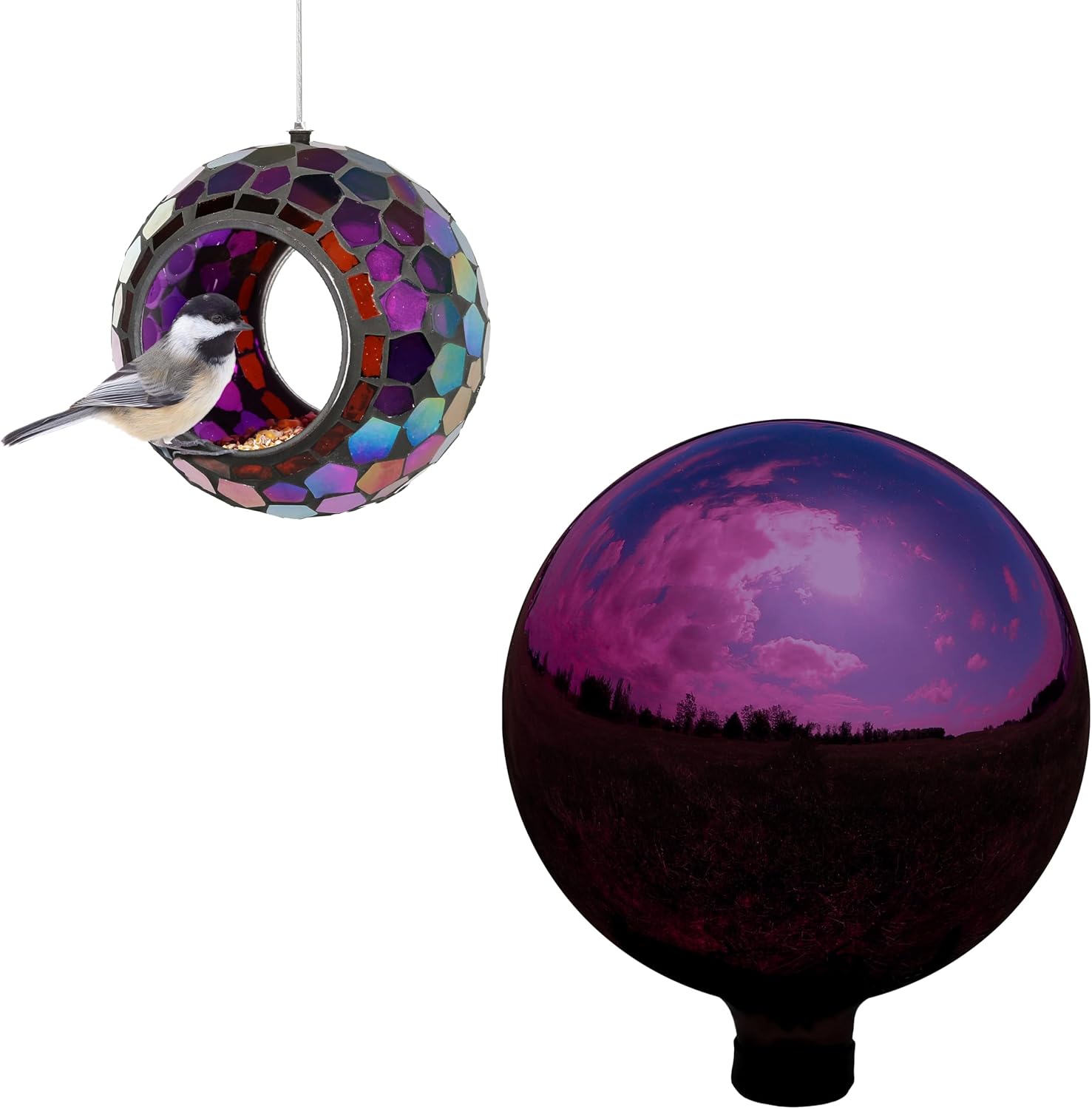 Sunnydaze 10” Merlot Gazing Ball with Mirrored Stainless Steel Finish and 6” Purple Glass Mosaic Outdoor Hanging Bird Feeder