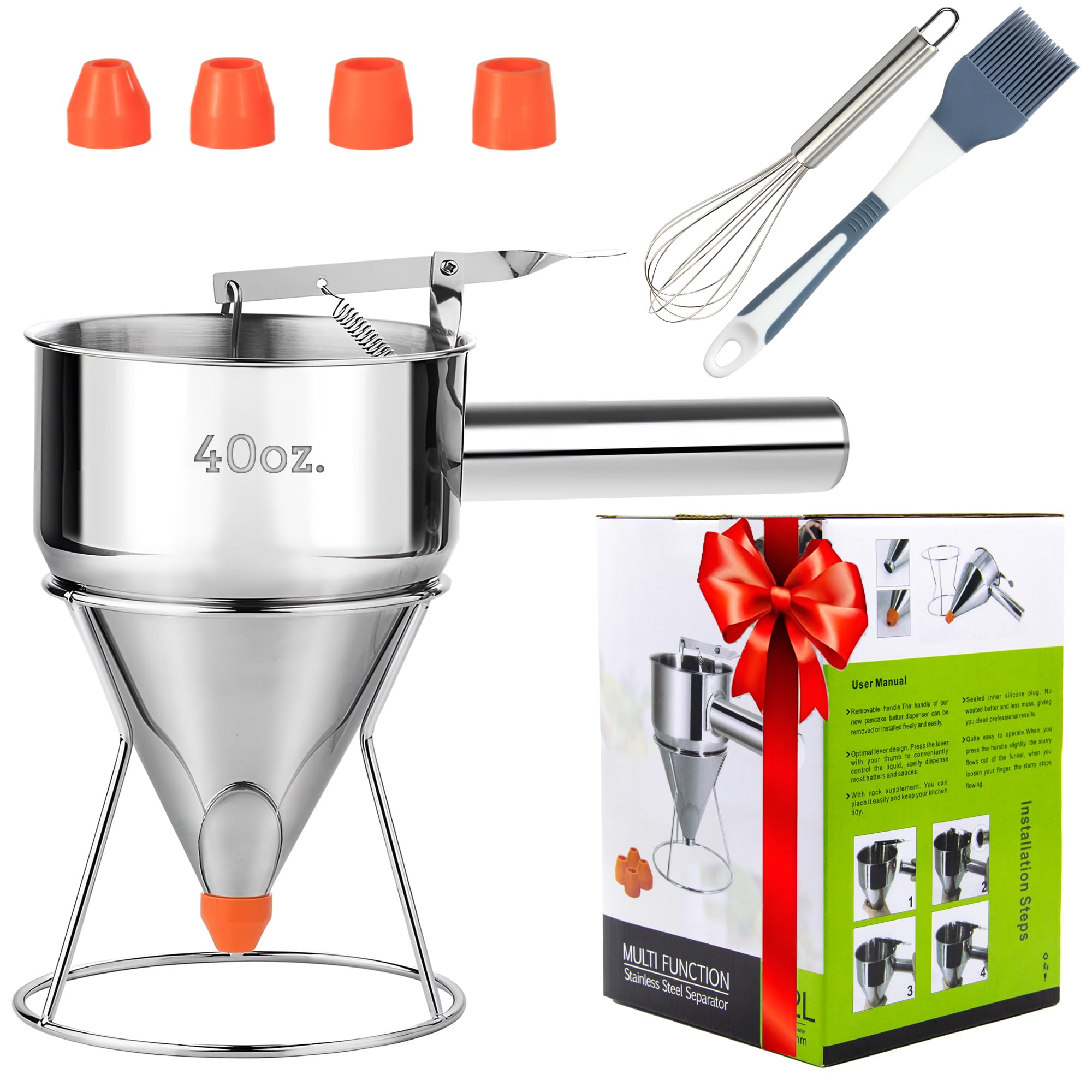 FEXUL Stainless Steel Pancake Batter Dispenser with Squeeze Handle - Versatile Funnel Cake, Cupcake, and Sel Roti Maker - Candle Wax Pourer - Durable, Leak-Free and Easy to Clean - 1200ML