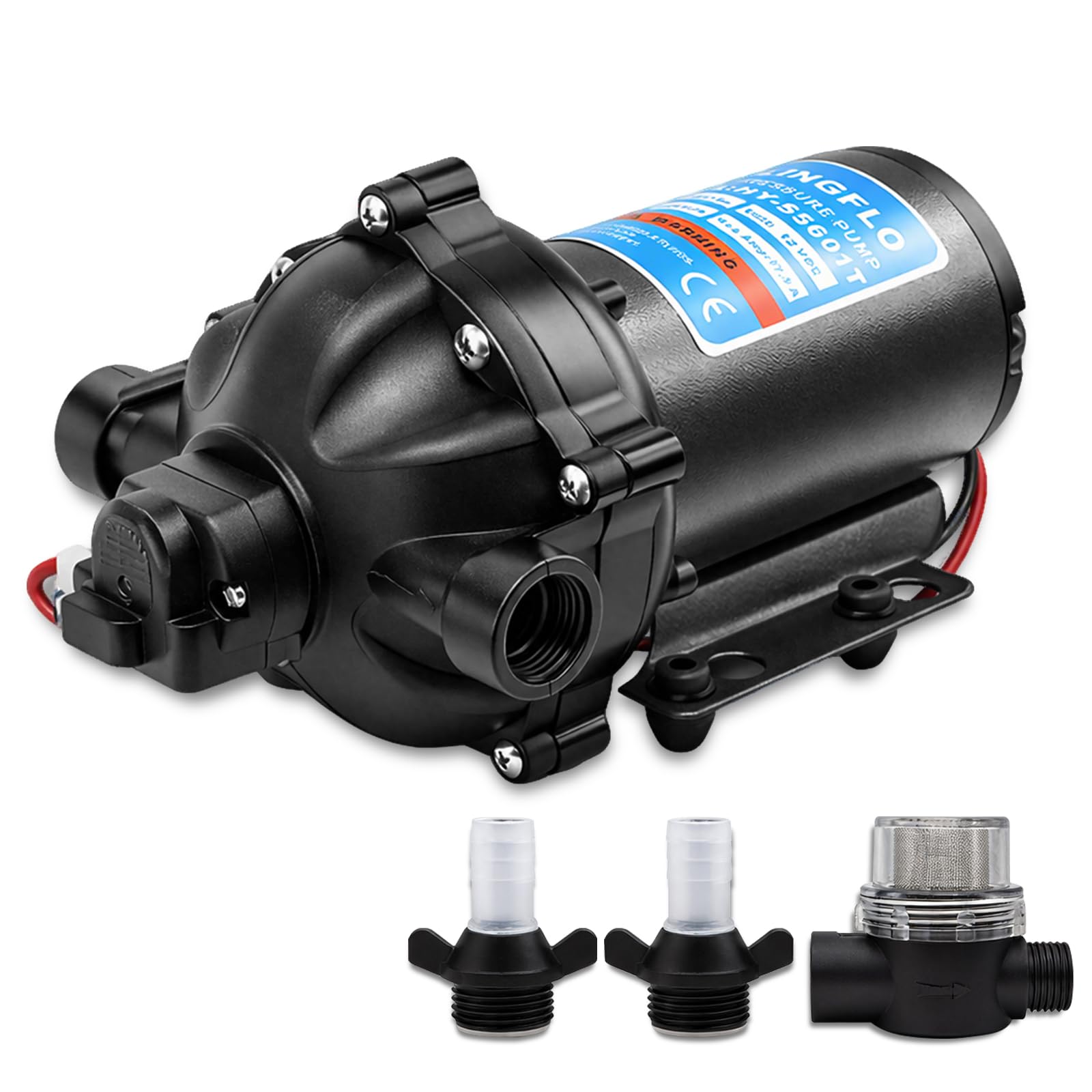 12V Diaphragm Pump - 5.5 GPM, 60 PSI Self-Priming, On-Demand Water Pump with Heavy Duty Pressure Switch, Operating Quiet, Ideal for RV, Boat, Marine (HY-55601T)
