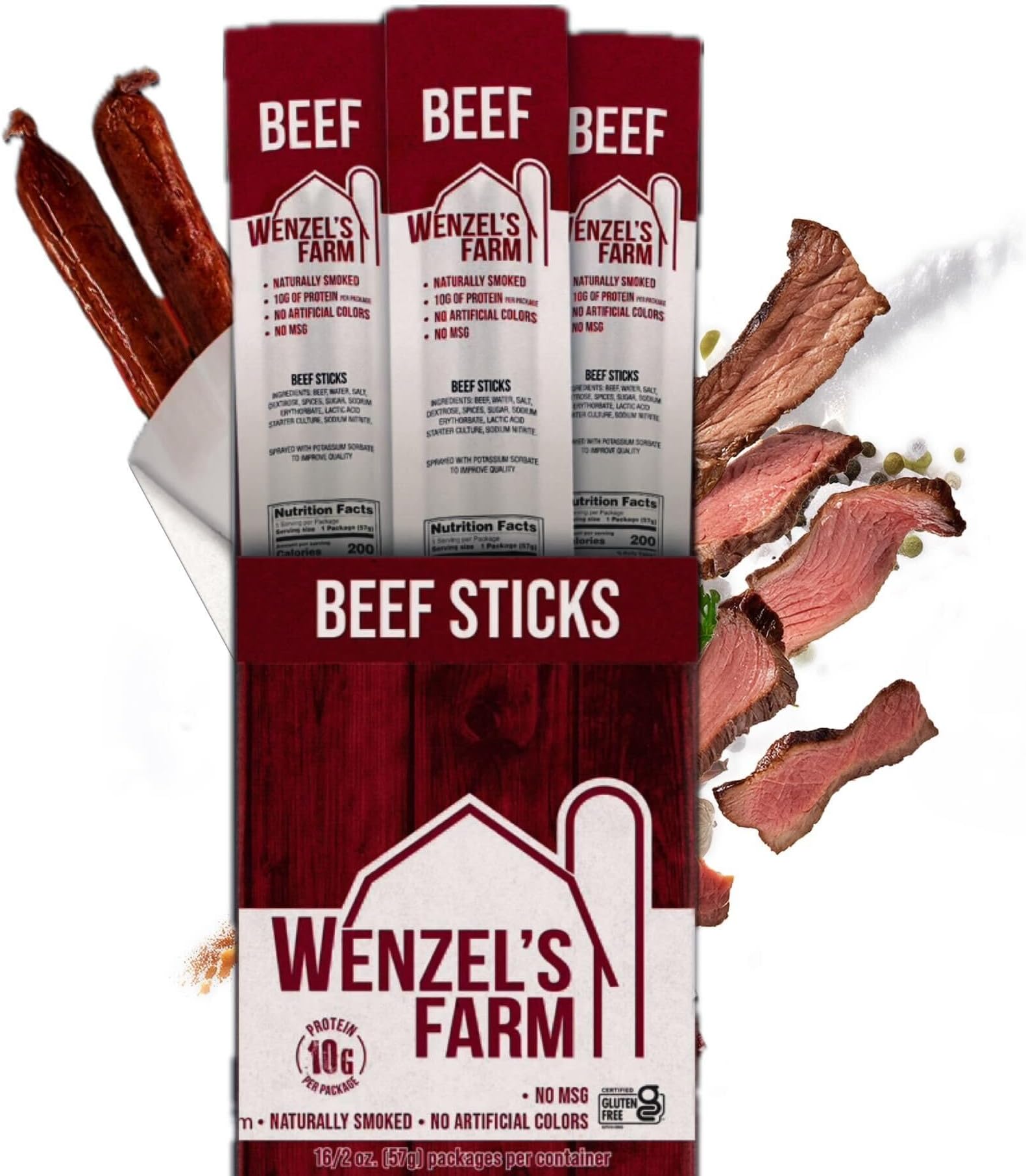 Wenzel’s Farm Beef Sticks │Supports Active Lifestyles │ Flavorful, Naturally Smoked │ High Protein, Low Carb │ No MSG, Fillers, Binders, Artificial Colors │ Gluten Free | 32 sticks (16 packs of 2)