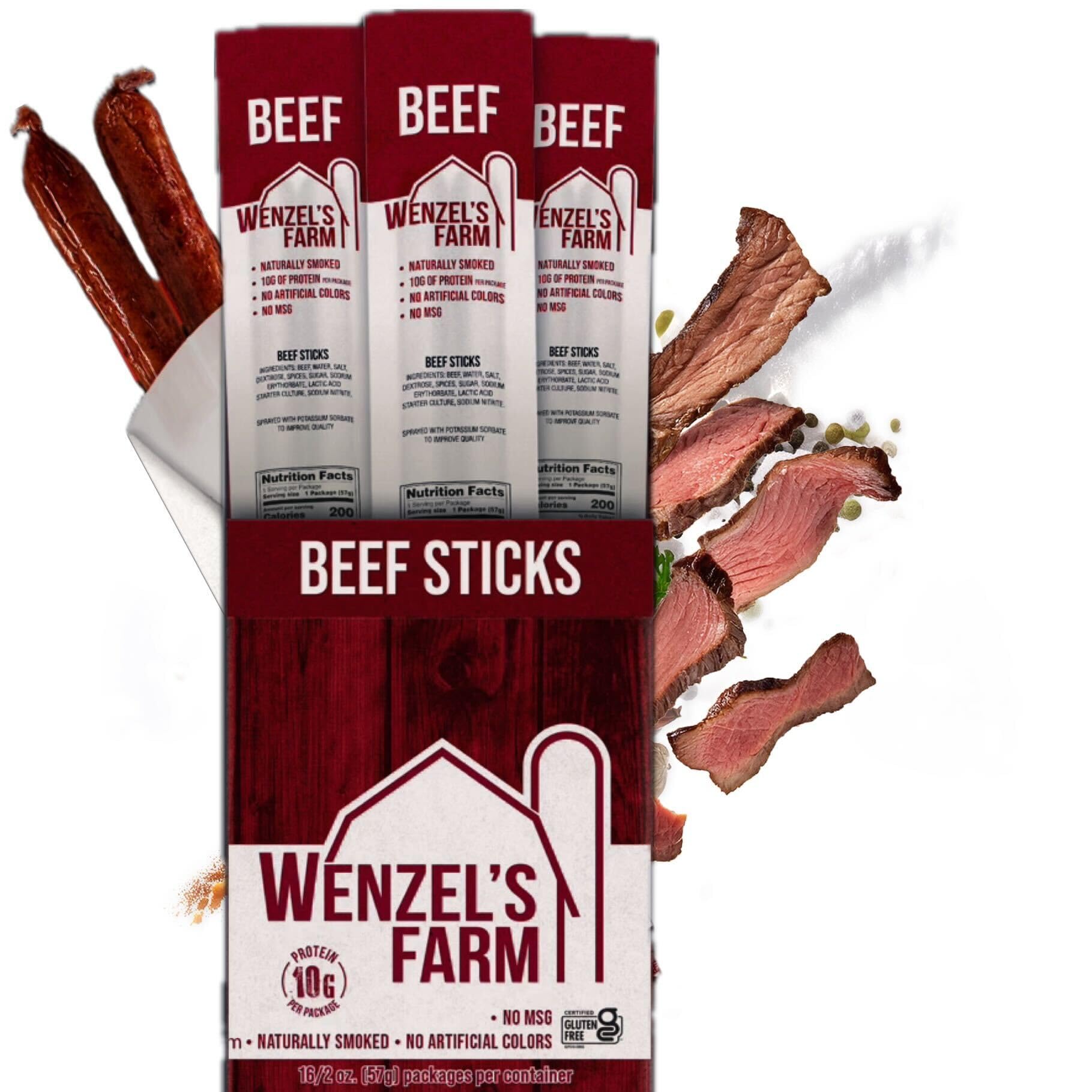 Wenzel's Farm Beef Sticks │Made in the USA Snack Sticks │ Flavorful, Naturally Smoked │ High Protein, Low Carb │ No MSG, Fillers, Binders, Artificial Colors │ Gluten Free | 32 sticks (16 packs of 2)