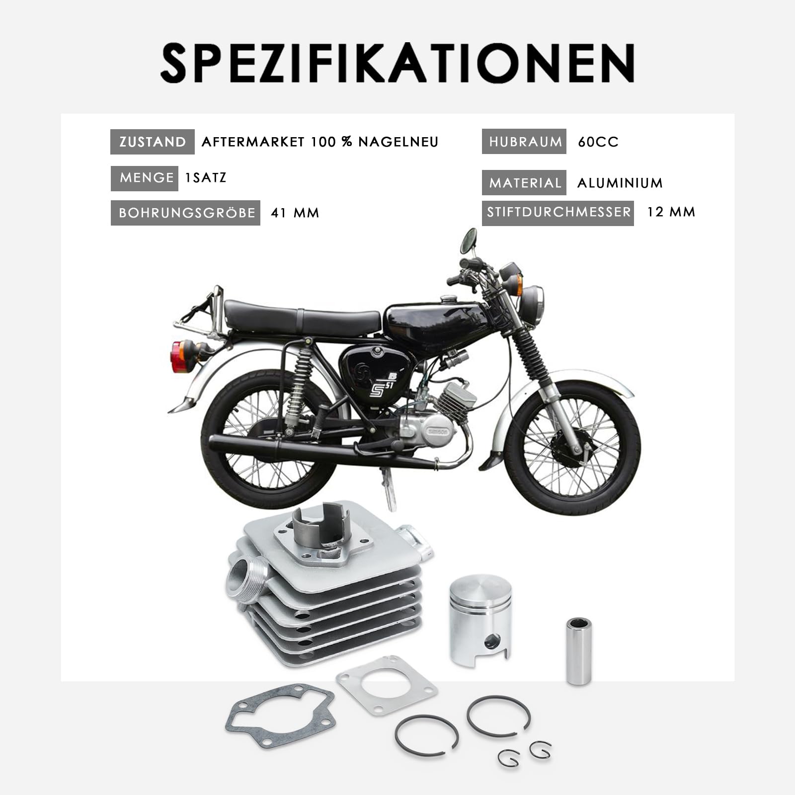 41mm Motor Zylinder Kolben Dichtungsset Big Bore Kit 60cc - Kompatibel mit Simson S51, SR50, KR51 und Schwalbe - Premium Leistungs-Upgrade für 2-Takt Motoren