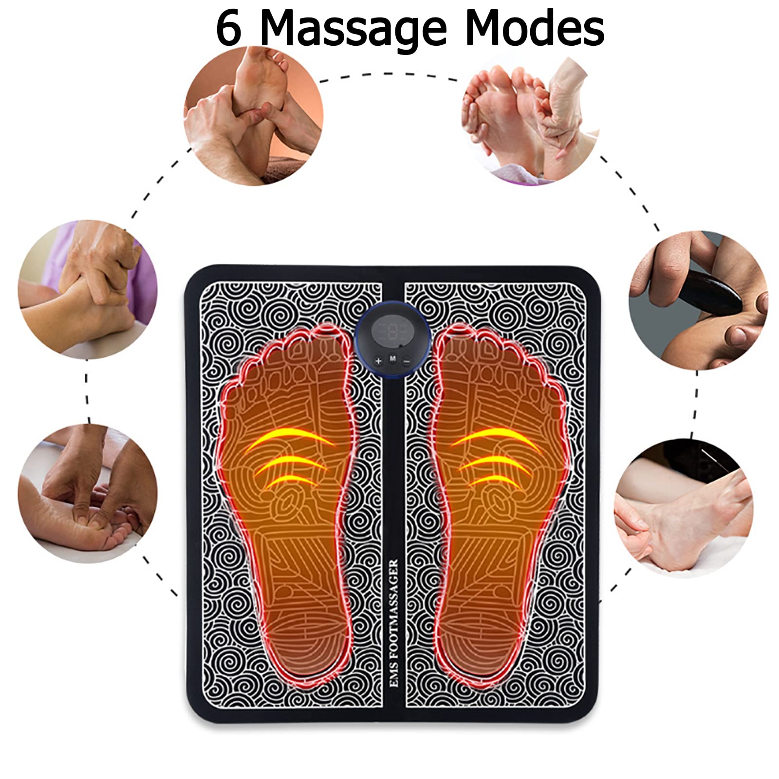 Tappetino per Piedi EMS Portatile,Piedino Elettrico Pieghevole Multifunzione con 6 modalità di Massaggio E 9 Punti di Forza del Massaggio,temporizzazione Intelligente 15 Minuti,Uso del Corpo