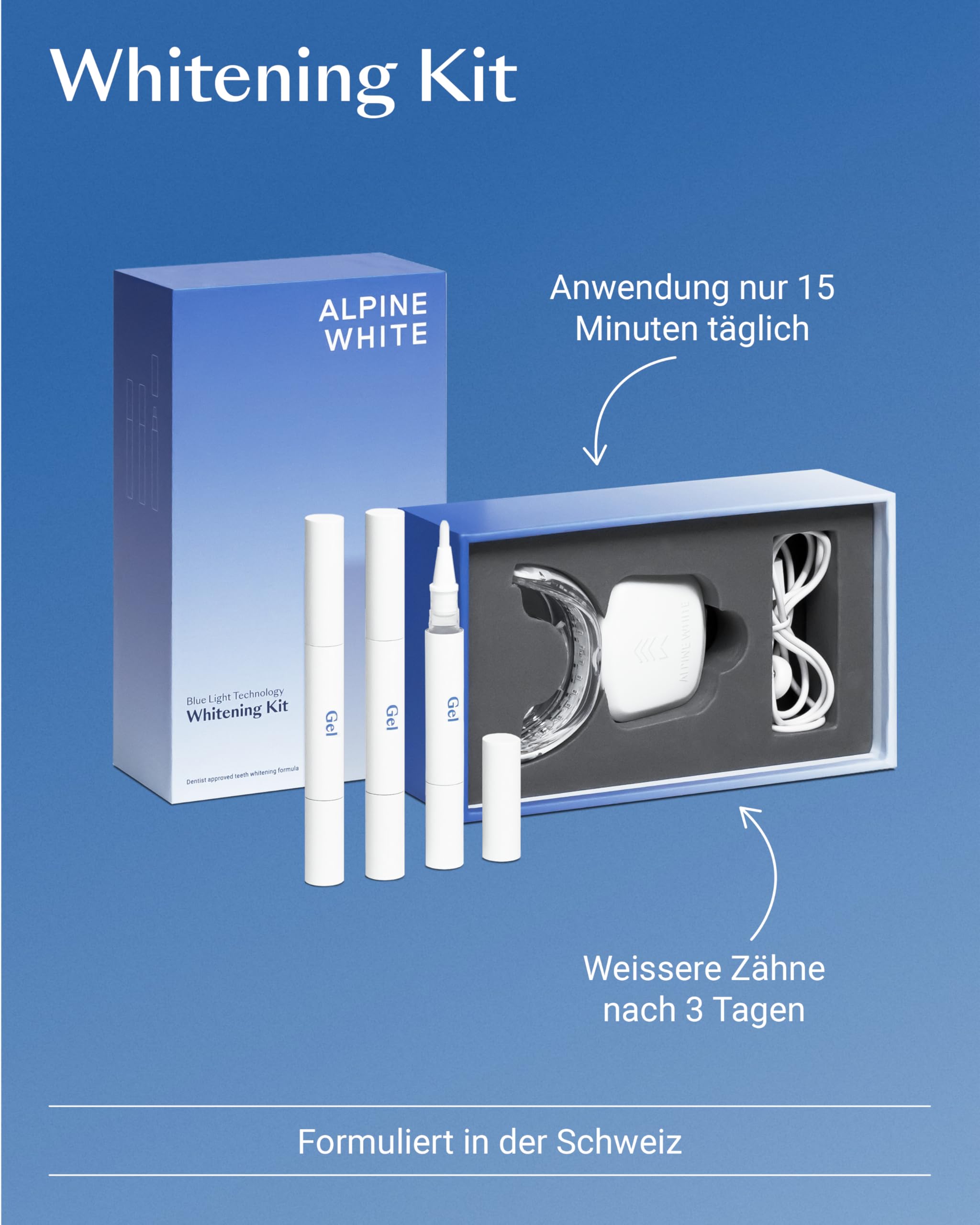 ALPINE WHITE Whitening Kit – Professionelles Zahnbleaching für Zuhause I Whitening LED mit Blue Light Technology und Whitening Gel für sichtbar weißere Zähne in nur 3 Tagen I Nur 15 Minuten täglich