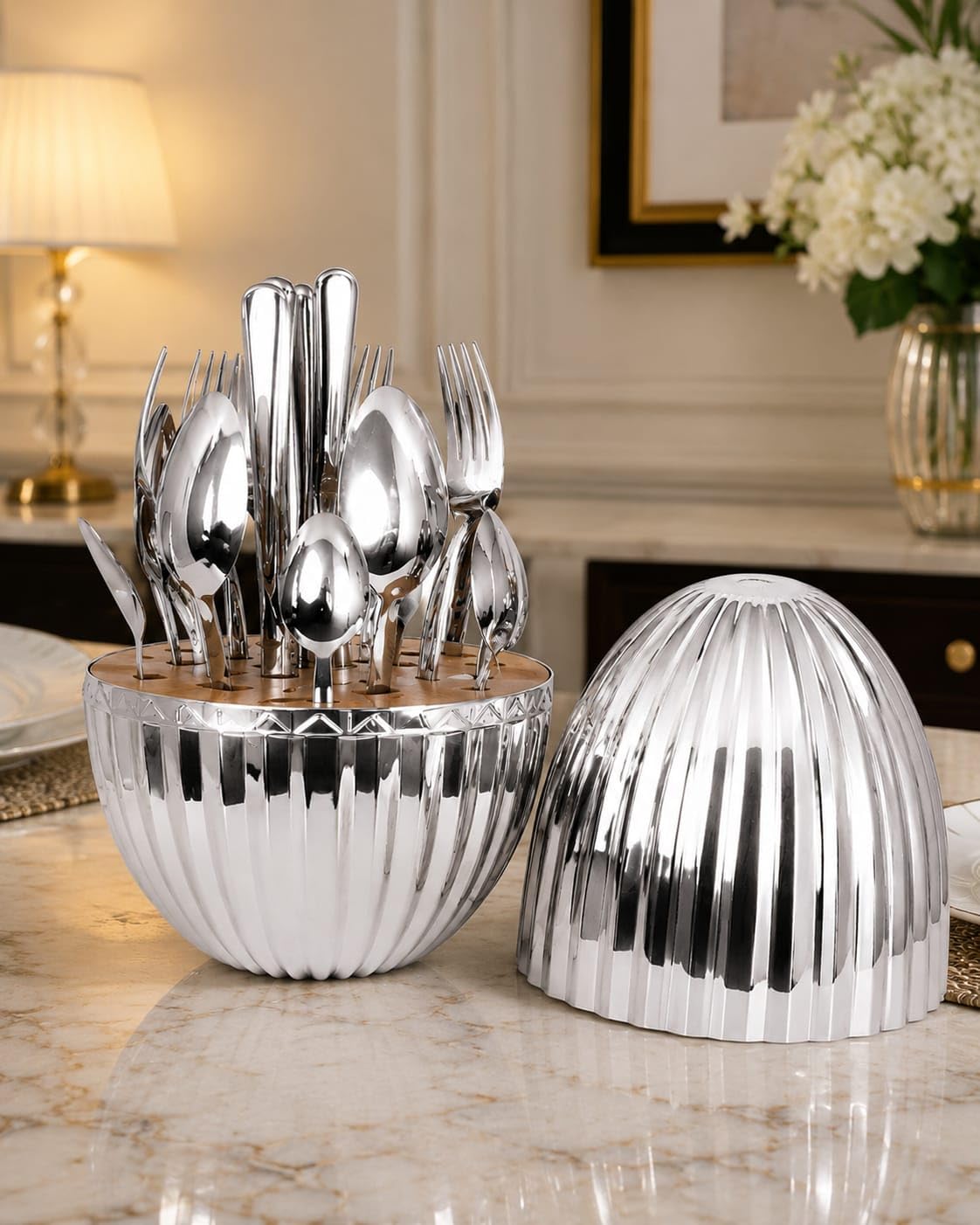 Crystalora Premium Cutlery Holder with Stainless Steel Cutlery Set | Spoon Fork Knife Organizer Stand with Lid | Dining Table & Kitchen Counter Storage | Silver-image-3