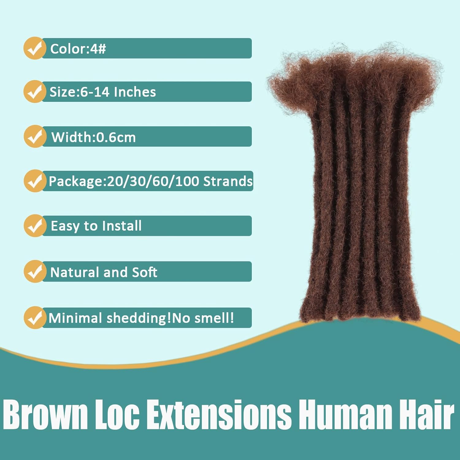 Viovian 0.6cm Human Hair Dreadlock Extensions 8 Inch 30 Strands Brown Loc Extensions Human Hair Dreads Extensions for Men Color 4#