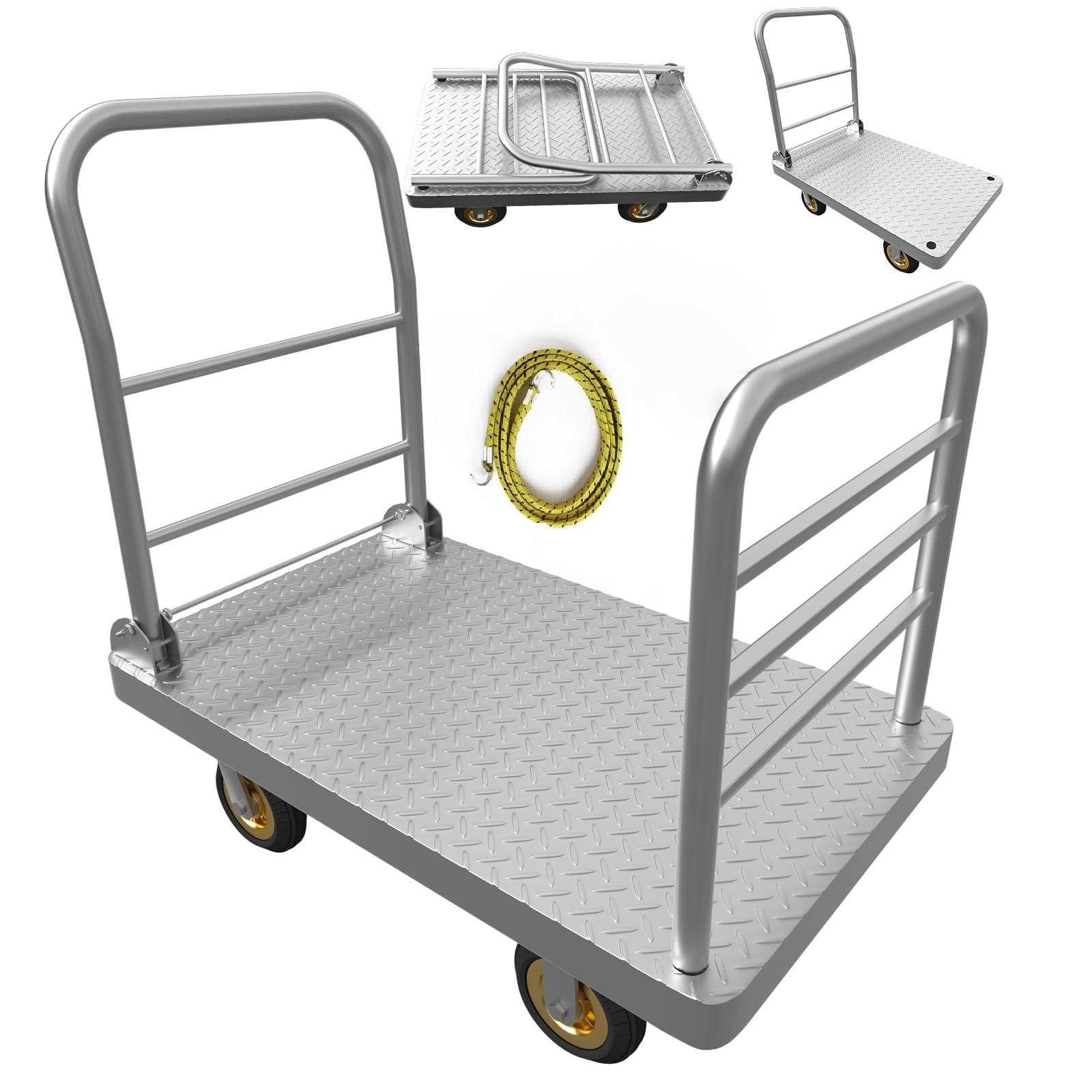 Photo 1 of Lomive 2IN1 48"×24" Platform Truck Cart 2650lbs Heavy Duty Flatbed Cart Dolly w/Detachable Rear Guardrail and Swivel Casters, Push Cart, Work Gloves 2Pairs & 1 Bunge Cord Included