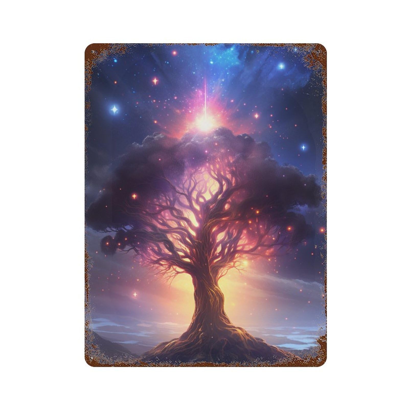 Garage Style Enchanted Cosmic Tree Weathered Tin Sign 15.7"x11.8", Farmhouse Wall Decor for Bar And Workshop