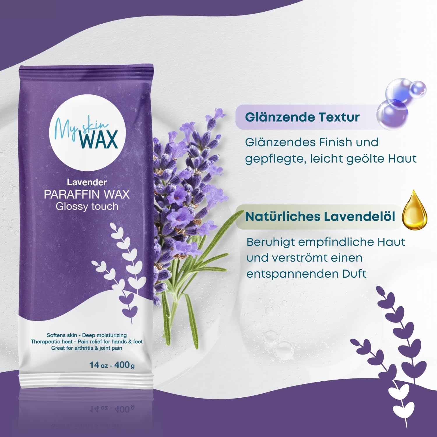 Paraffinwachs Maxi Pack, 6 Blöcke à 400 g (2,4 kg), Lavendelduft, feuchtigkeitsspendend & leicht ölig, ideal für Paraffinbad Hände & Füße, Arthritis Linderung, Pediküre (Lavendel)