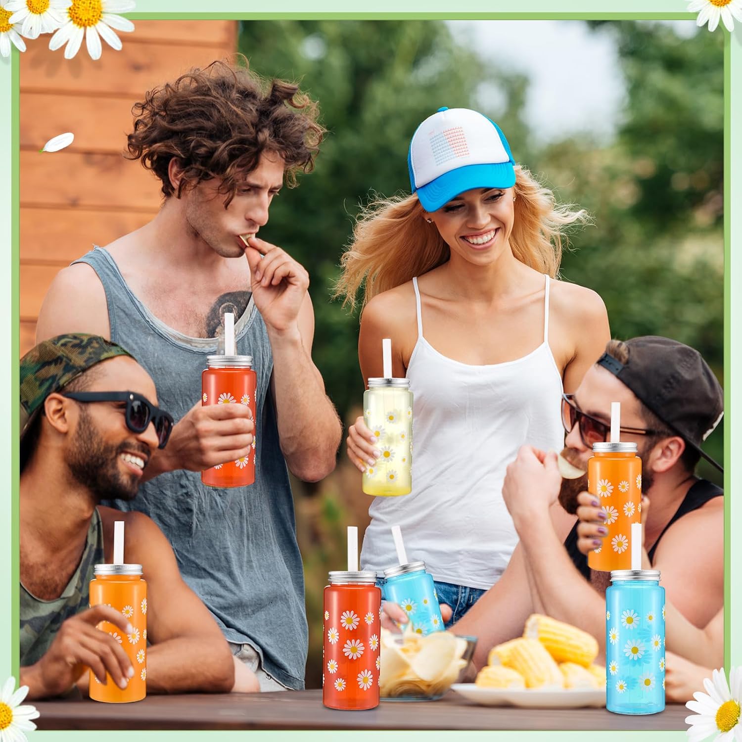 Vesici 24 Pcs Daisy Theme Party Tumblers Bulk Reusable 13.5 oz Cute Flower Plastic Cups with Straw and Lid Clear Cold Drink Water Bottle for Wedding Birthday Baby Shower Favor Supplies