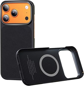 YUANSHXM-Genuine Leather Case for iPhone 17 Pro Max/17 Pro, Luxury Carbon Fiber Magnetic Internal Shell Classic Handmade Slim Heavy Duty Protection Phone Cover 17 Pro,Black