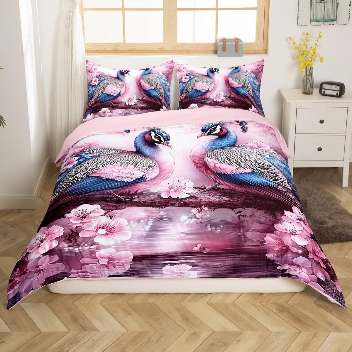 Erosebridal Cute Unicorn Duvet Cover Cherry Blossom Comforter Cover Toddler,Pink Flower Animal Bedding Set for Kids Adults,Sakura Unicorn Bed Set Wildlife Room Decor
