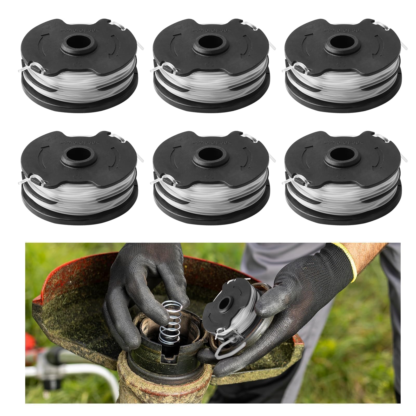 6 Bobine de Fil de Rechange Compatible avec Parkside PRTA 20-Li A1/B2/C3, PRT 300 A1,PRT 50 A3, 1,65 mm 10 m Coupe Bobine Portafilo et Longueur per PRT 550 A1/A3, PRTA TA 20-Li, C3-IAN 365589