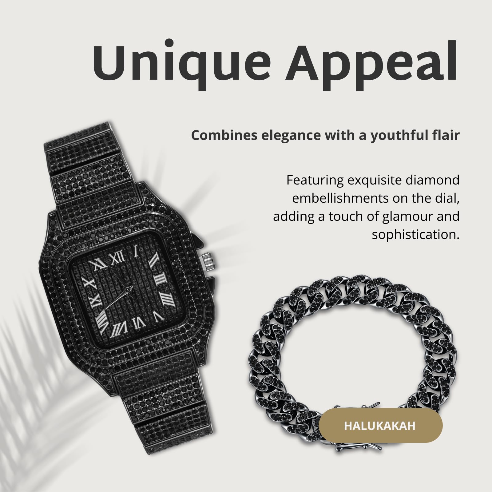 Halukakah Diamonds Watch Iced Out - Reloj para niños y adolescentes, chapado en oro real de 18 quilates, platino, rodio negro, esfera cuadrada de 40 mm, cuarzo japonés, 8 pulgadas de longitud