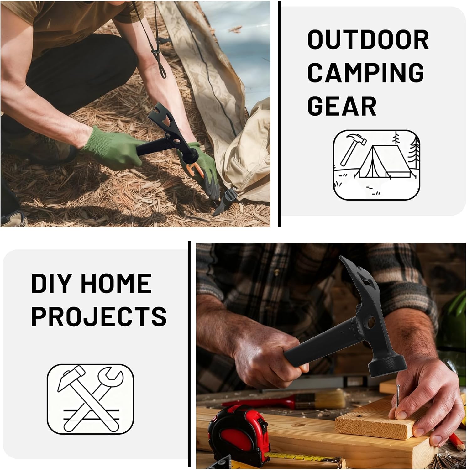 Tent Hammer Heavy Duty Aluminum 12" Camping Hammer with Opener,Tent Stakes Mallet for Camping,Hiking,DIY,Party Black