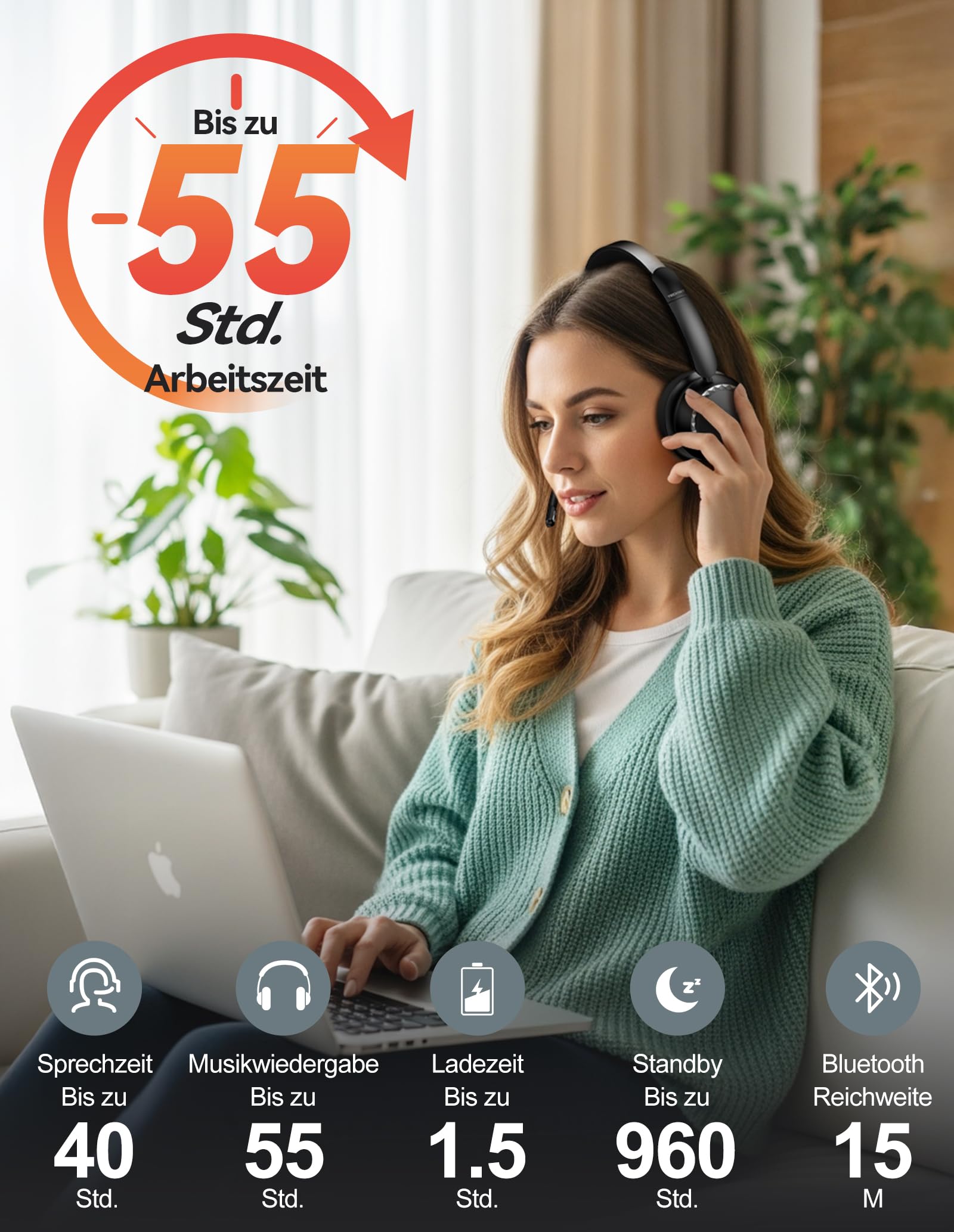 TECKNET V5.3 Bluetooth Headset mit Mikrofon, Wireless Headset mit AI Noise Cancelling Mikrofon, Ladestation, USB-Dongle, 55+ Std. Akku, Wiederaufladbar On-Ear Kopfhörer für Büro, Home, Callcenter