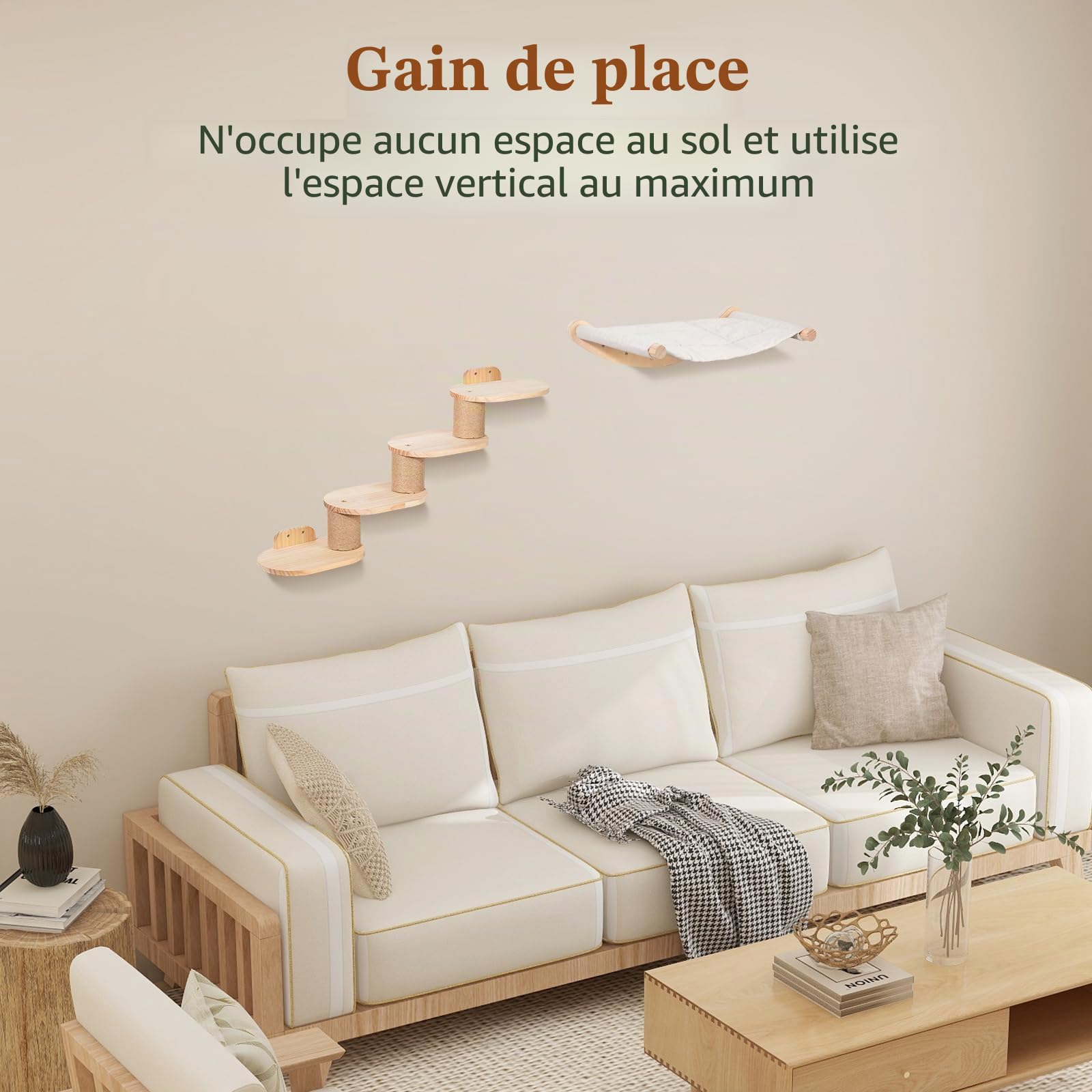 Todeco Mur d'escalade pour chat - Montage mural - Avec escalier et hamac pour chat - Mur d'escalade à quatre niveaux avec grattoir en jute pour chats et tapis antidérapant - Échelle 2 en 1 - Meuble