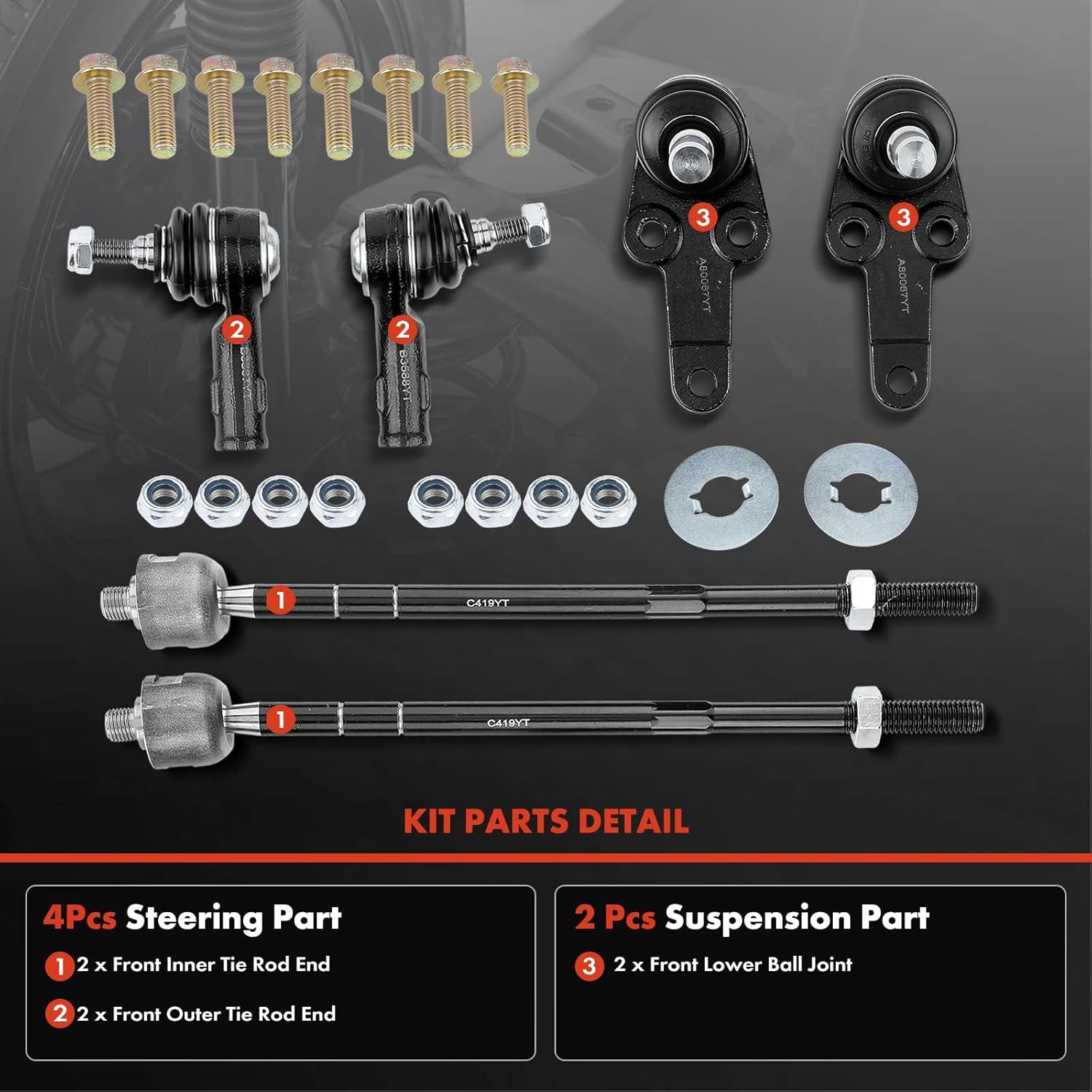 A-Premium Set of 6, Front Lower Ball Joint, Inner Outer Tie Rod End, Compatible with Ford Focus 2000 2001 2002 2003 2004