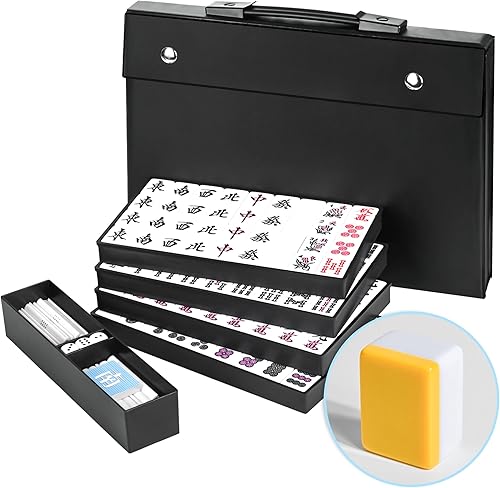 Miniatura 1 de QYMZKA Juego de Riichi Mahjong japonés, azulejos blancos y amarillos de gran tamaño, con azulejos de viento oriental, juego de palos de puntuación y