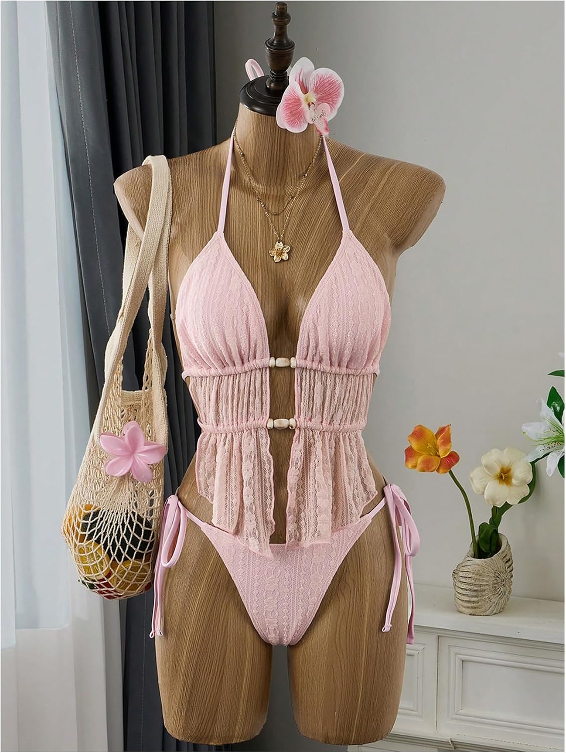 Verdusa 2 Piece Halter Tankini Swimsuits for Women Lace Backless Cheeky Bikini Set Cruise Outfits
