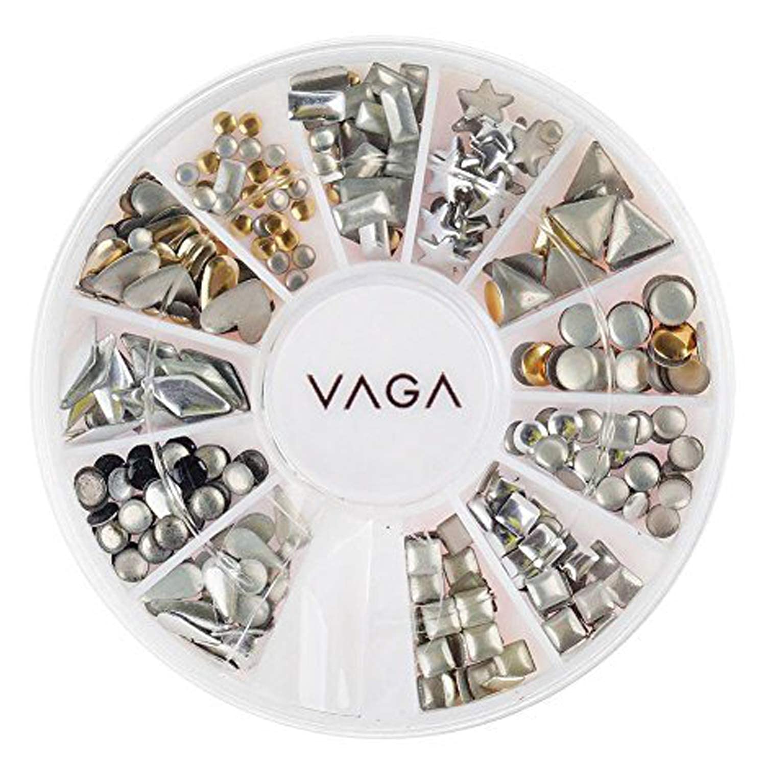 VAGA Professional Manicure 3d Nail Art Decorations For Nail Art Supplies This Wheel Includes Gold And Silver Metal Studs In 12 Different Shapes, the Perfect Nail Jewelry and Decorations