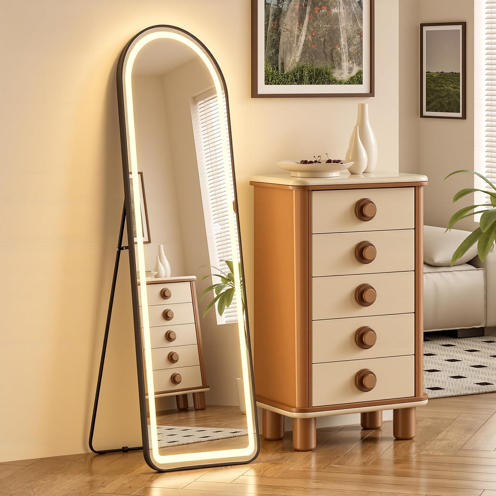Panana Arched LED Full Length Mirror with 3 Color Lights, 160x49cm Black Floor Standing Mirror, Explosion-Proof Glass, 3 in 1 Usage (Wall Mounted/Leaning/Freestanding) for Bedroom Dressing Room