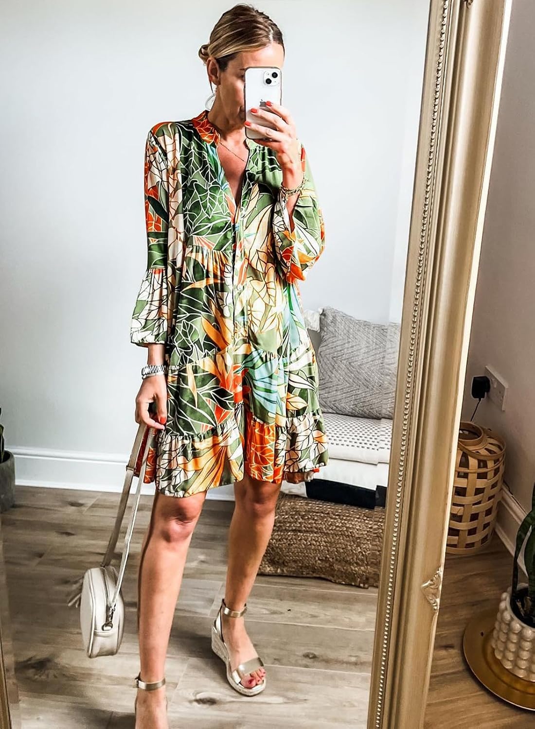 miduo Womens Summer Dress Casual V Neck Buttoned 3/4 Sleeve Bohemian Tribal Print Flowy Mini Dresses