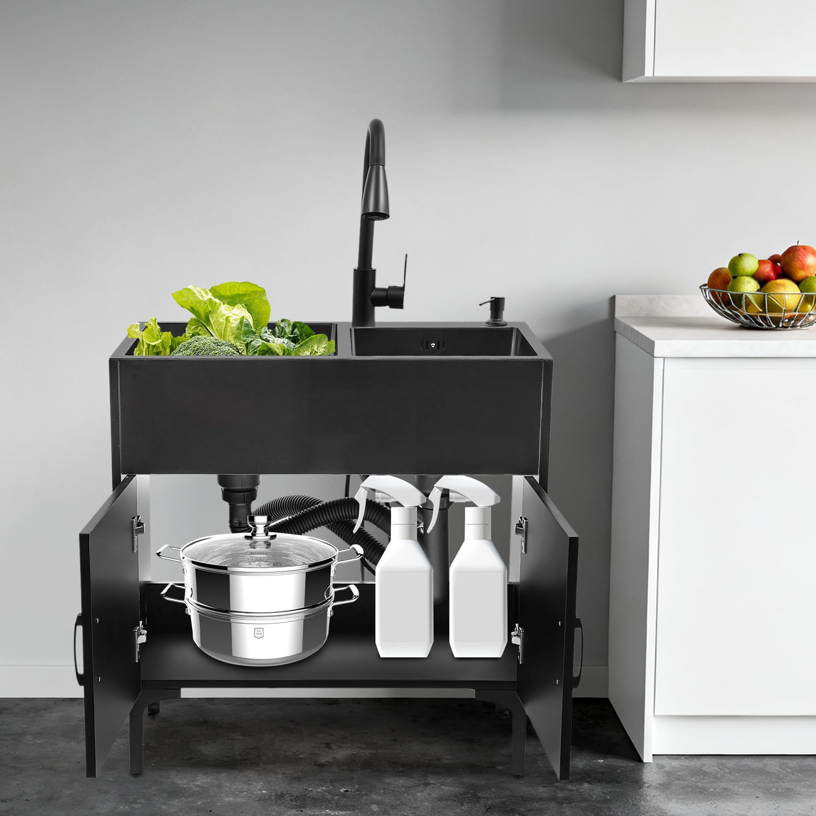 Armario de cocina negro de 75 x 41 cm con doble lavabo y grifo extraíble, fregadero de cocina independiente con escurridor y sifón, juego completo para cocina, cuarto de lavado, color negro