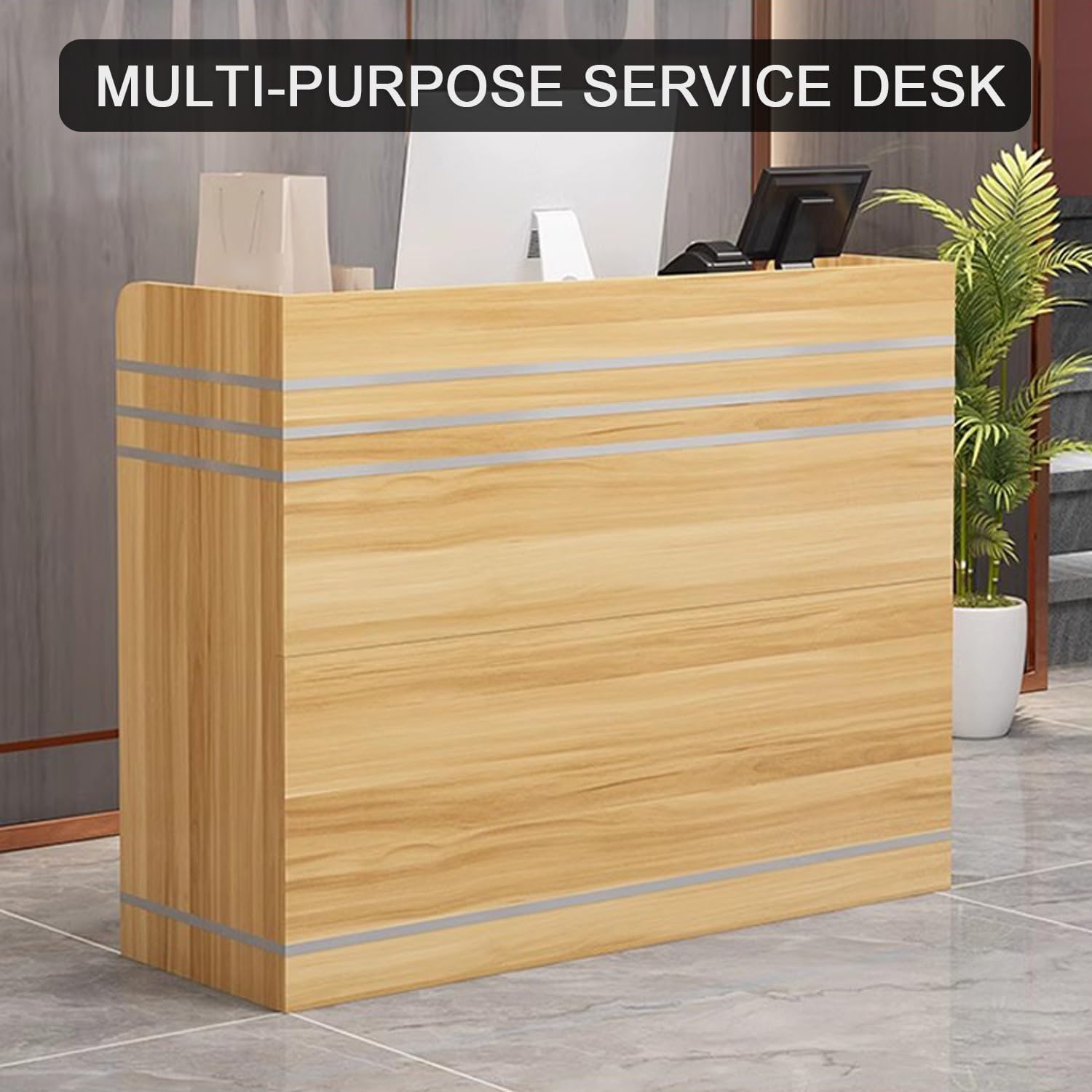 Reception Desk Counter Modern Retail Counter, Front Desk Reception Counter with Lockable Drawer & Door Cabinet, for Salon Reception Room Checkout Office