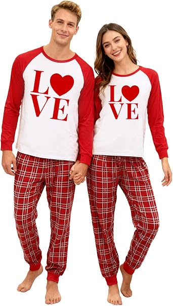 SUWATOIN Valentines Day Matching Pajamas Set for Couples Men Women Sleepwear Love Heart Long Sleeve Pjs