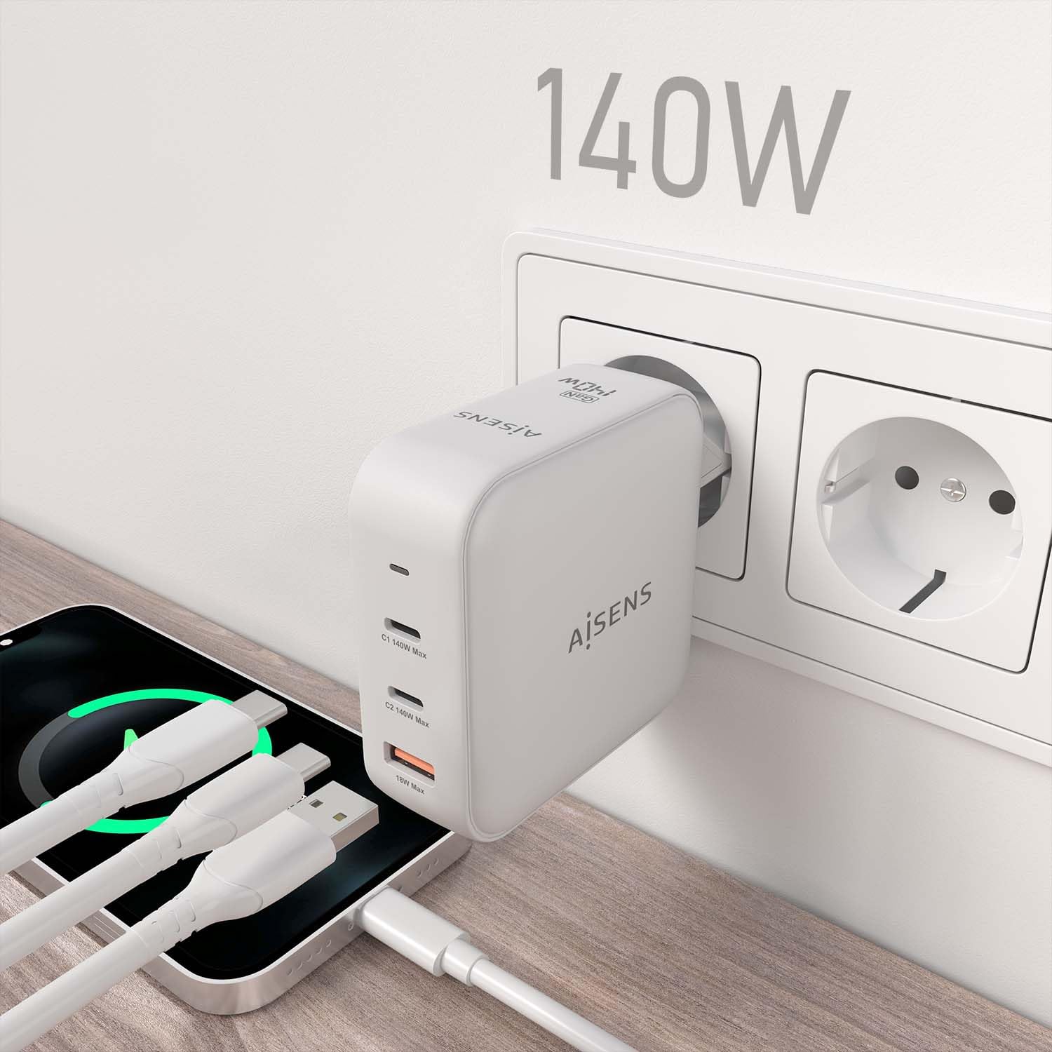 AISENS - ASCH-140W3P030-W - Caricabatterie GAN 140W, 2XUSB-C PD3.1 QC4.0, 1XUSB-A QC3.0, bianco