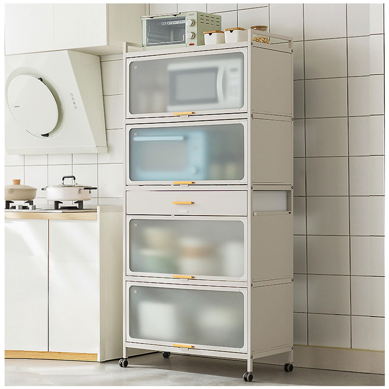 Soporte de microondas de 5 niveles con armario y cajón para almacenamiento de cocina, estante de metal con ruedas, color blanco, 80 x 170 cm, organizador para espacios pequeños y fácil movilidad