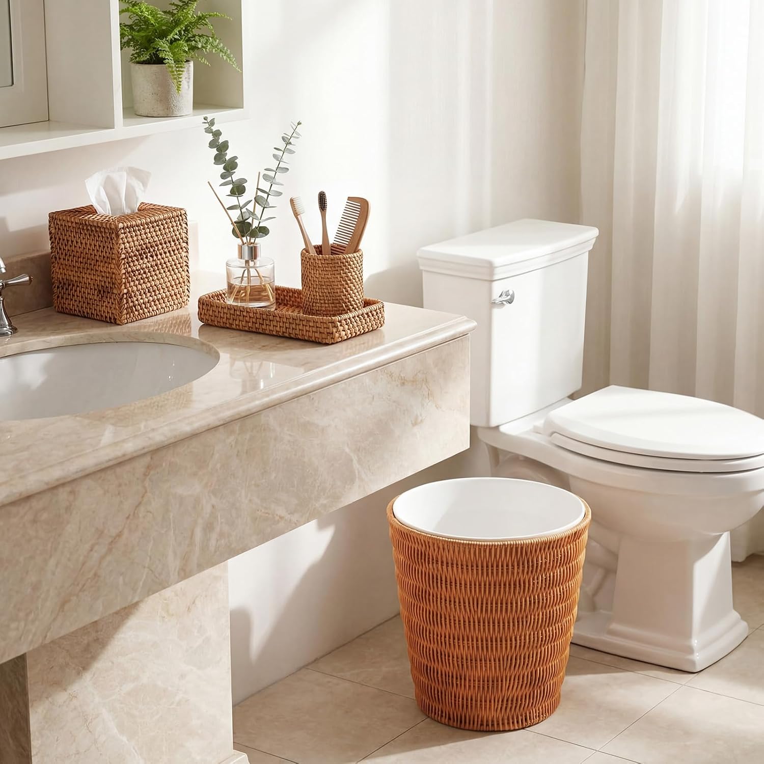 5 Pcs Bathroom Wicker Basket Set Rattan Tissue Box Toothbrush Holder with Tray and Wicker Trash Can Plastic Waste Paper Basket for Bedroom Office Boho Organizer Toilet Vanity Tray Accessory