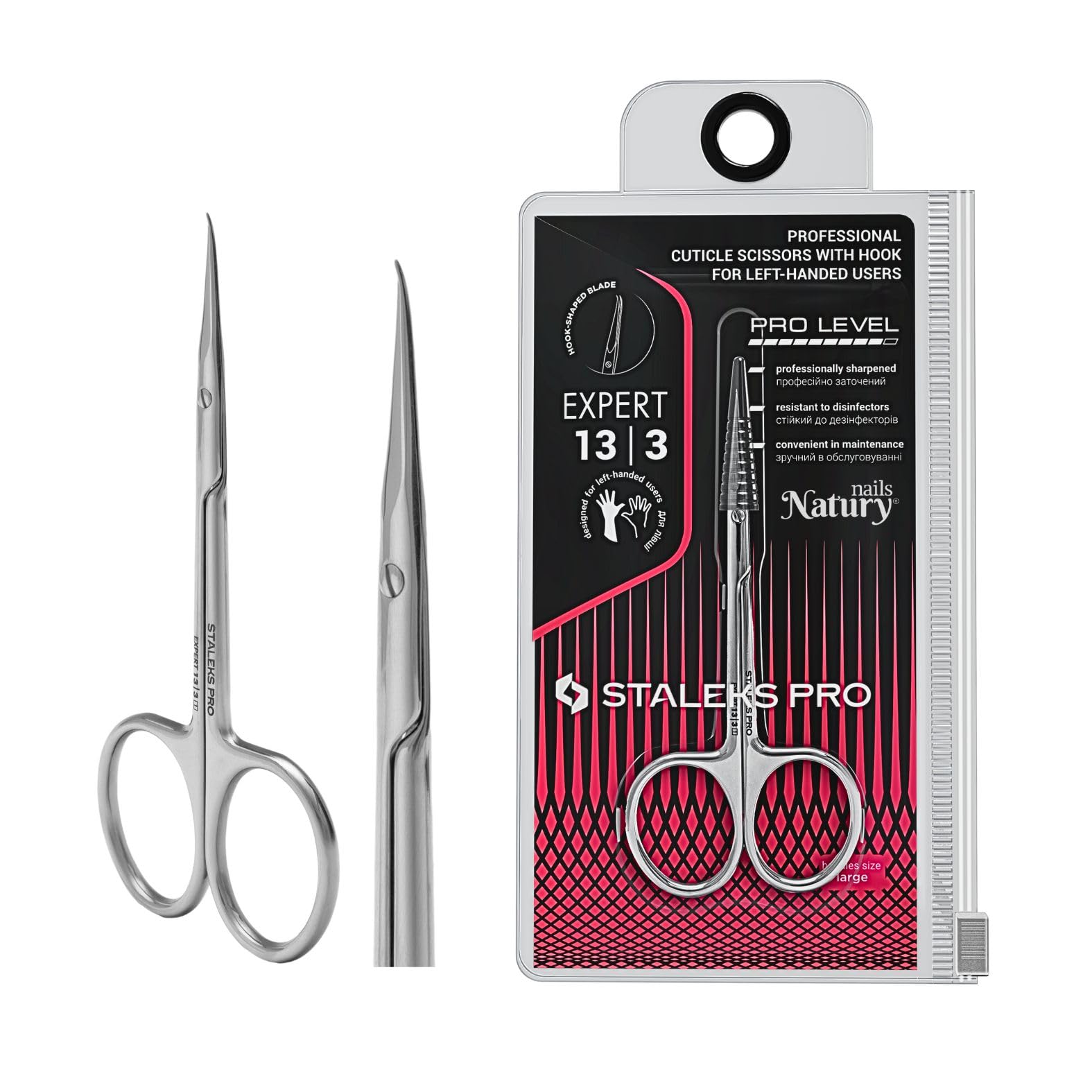 STALEKS PRO by Natury Nails Forbici professionali per cuticole con gancio per mancini. Manicure Anelli ergonomici. Acciaio inossidabile. Expert SE-13/3